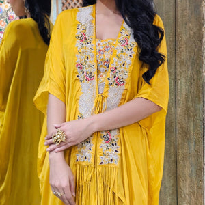 Yellow Chinon Indowestern Top,Jacket and Bottom with Resham Thread and Pearl Work