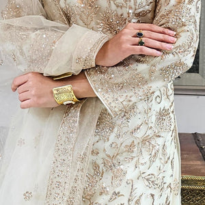 Cream Net Cream Suit with Swarovski Work and Dupatta