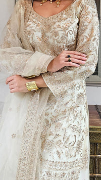 Cream Net Cream Suit with Swarovski Work and Dupatta