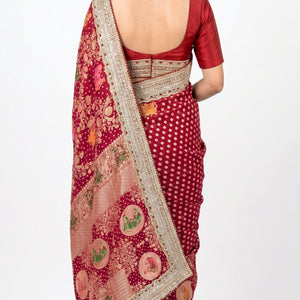 Red Georgette Unstitched Saree with Zari, Cutdana & Sequins Work and Heavy Lace Border