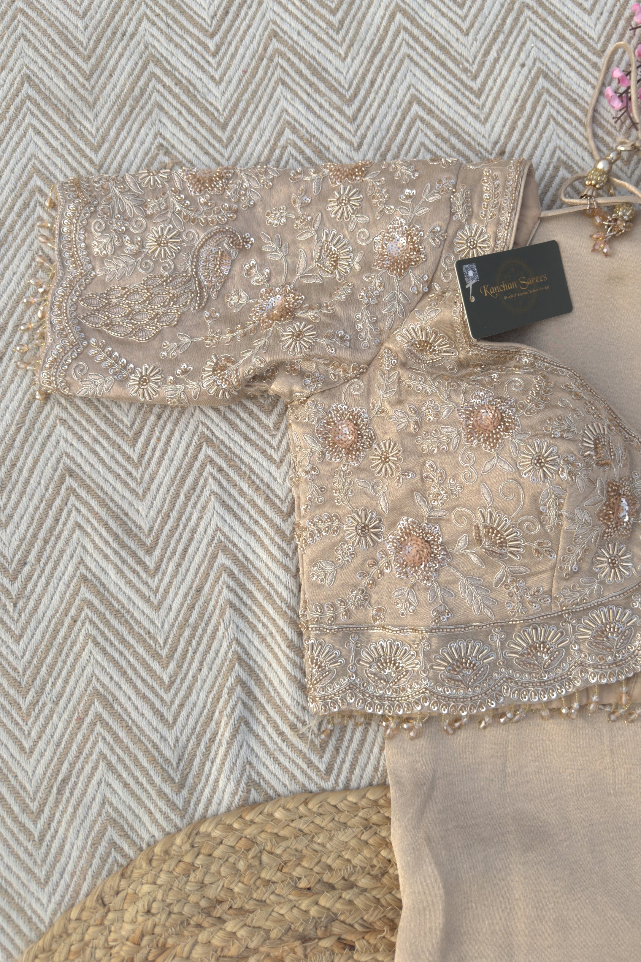 Fawn Tissue Saree Embellished With Zari, Sequins & Cut Dana Work