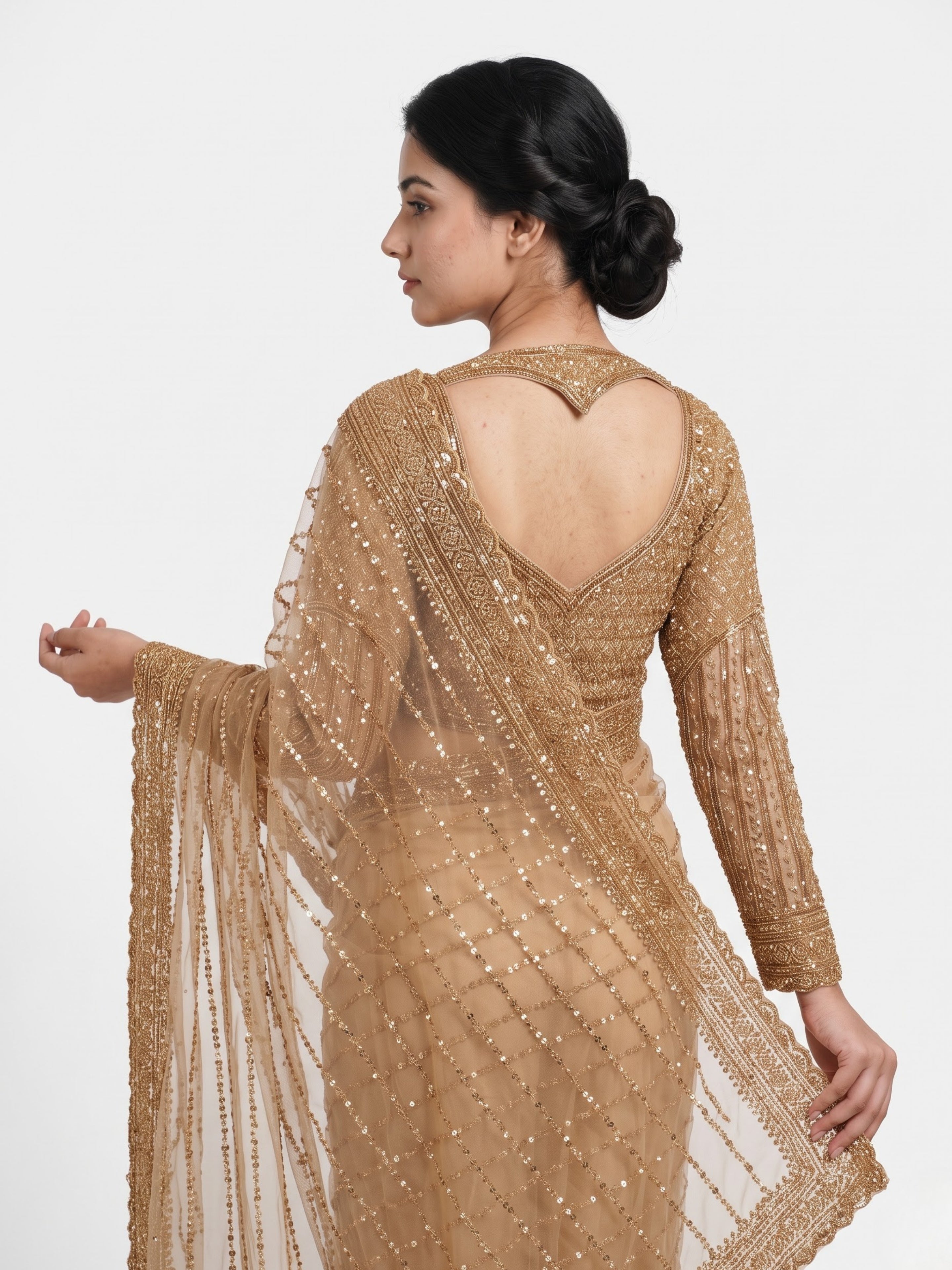 Golden Net Saree Crafted With Fine Cutdana & Sequins Highlights