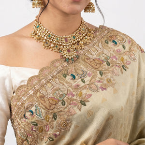 Muted Olive Gold Tissue Silk Saree Embellished with Zari, Cutdana & Zarkan Work
