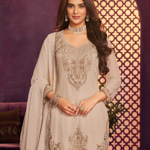 Chiku Tissue Suit, Farshi Salwar And Dupatta with Cutdana, Sequins and Zari Work
