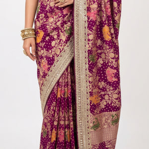 Red Georgette Unstitched Saree with Zari, Cutdana & Sequins Work and Heavy Lace Border