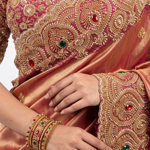 Beautiful Copper Peach Banarasi Saree Embellished With Sequins & Cut Dana Work