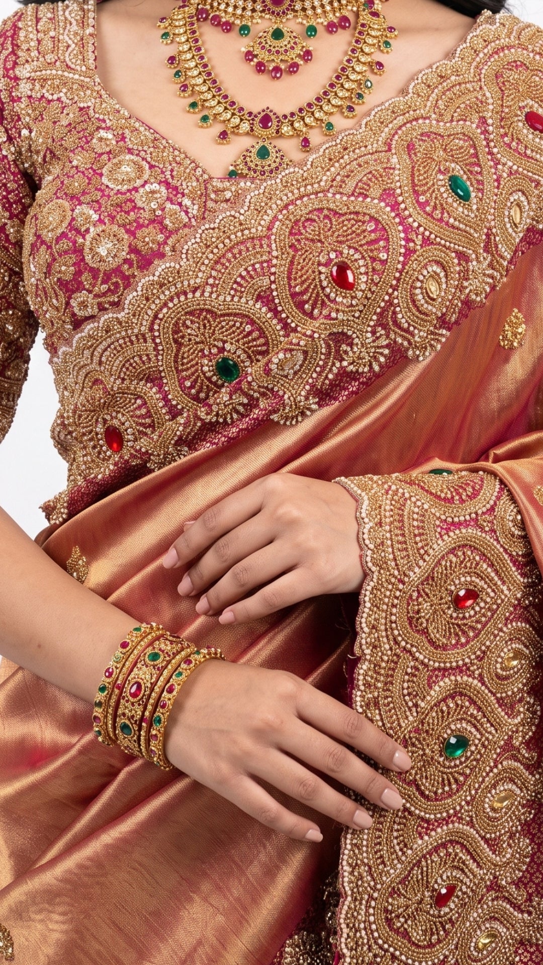Beautiful Copper Peach Banarasi Saree Embellished With Sequins & Cut Dana Work