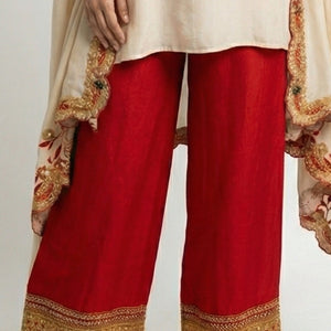 Beige & Red Digital Printed Crepe Coord Set with Cape Embellished with Pearl, Sequins & Sippi