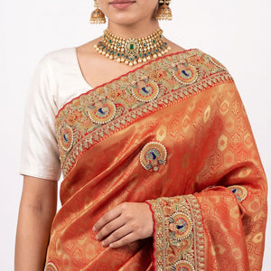 Orange Banarasi Silk Unstitched Saree with Dupatta Embellished with Moti & Zari Work