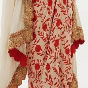 Beige & Red Digital Printed Crepe Top & Skirt with Cape Embellished with Moti, Sequins & Sippi