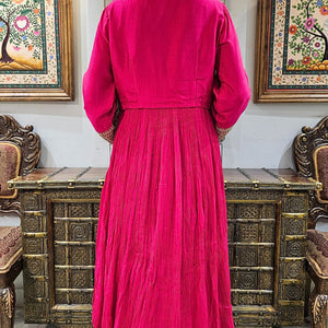 Pink Silk Indowestern Embroidered Jacket with Georgette Top and Bottom