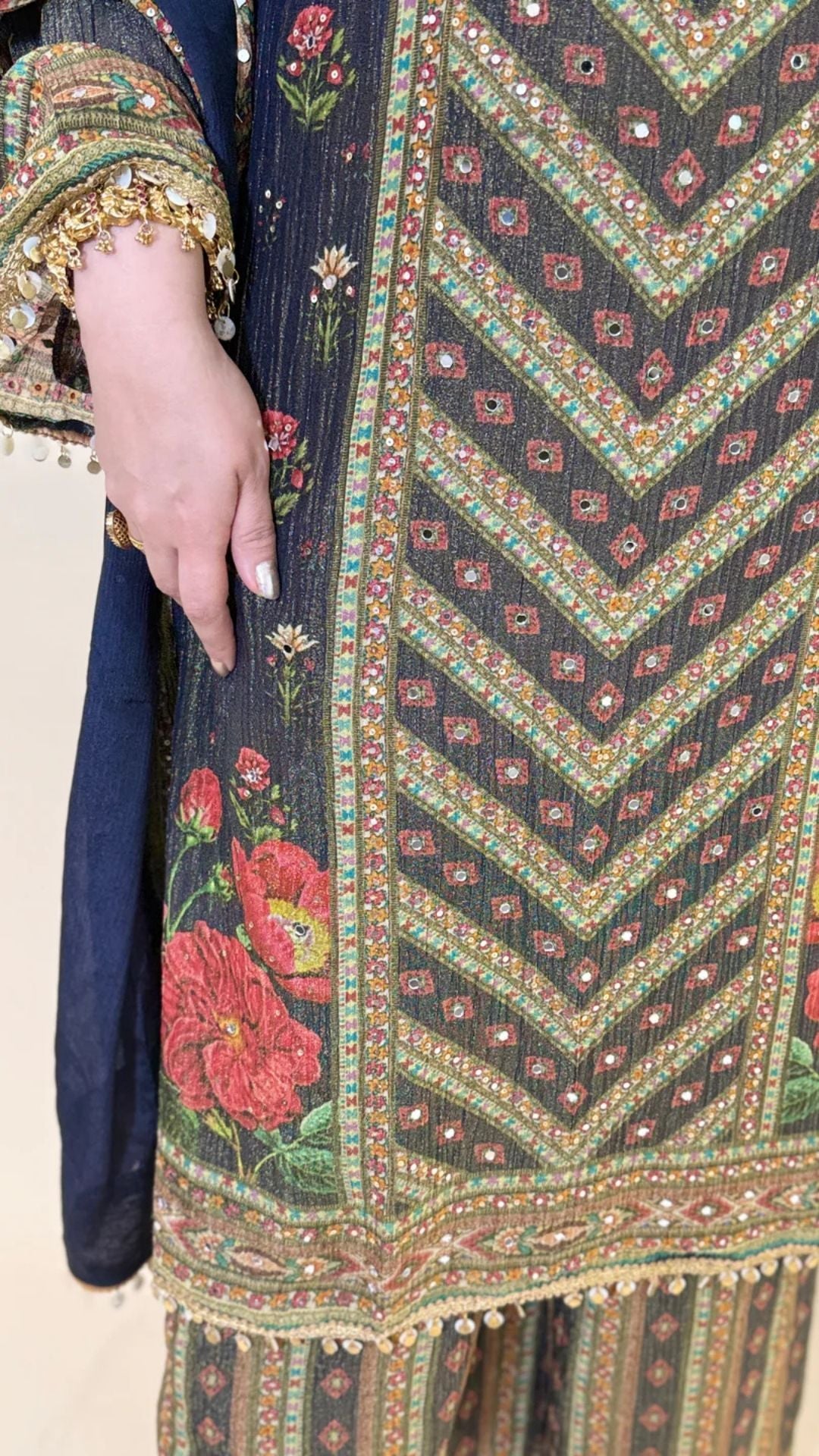 Blue Digital Print Tissue Suit with Mirror Work, Palazzo, and Dupatta