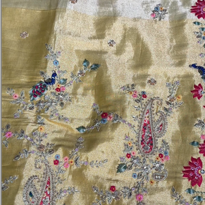 Yellow Tissue Unstitched Saree With Zari, Thread & Sequins Work