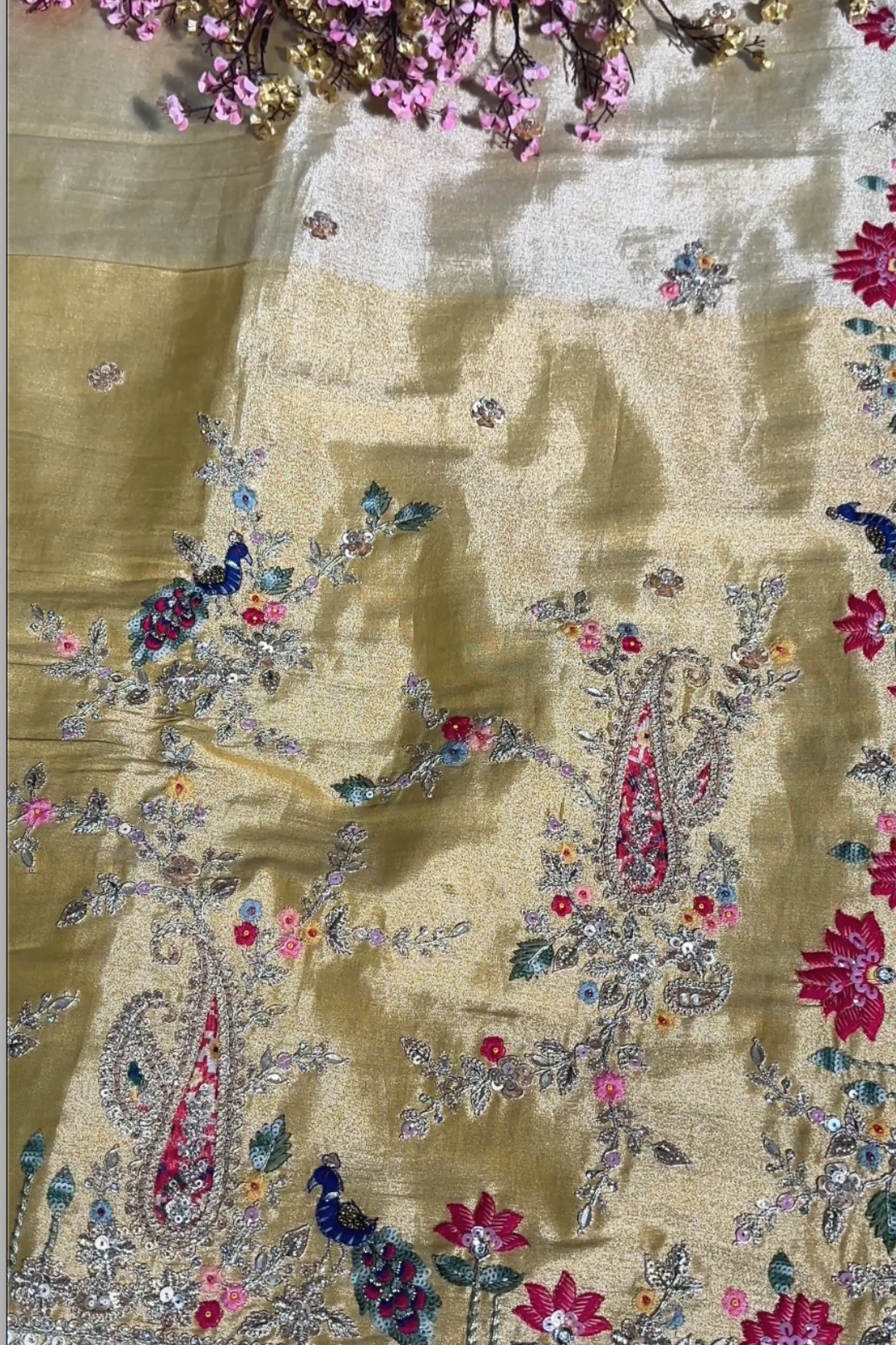 Yellow Tissue Unstitched Saree With Zari, Thread & Sequins Work