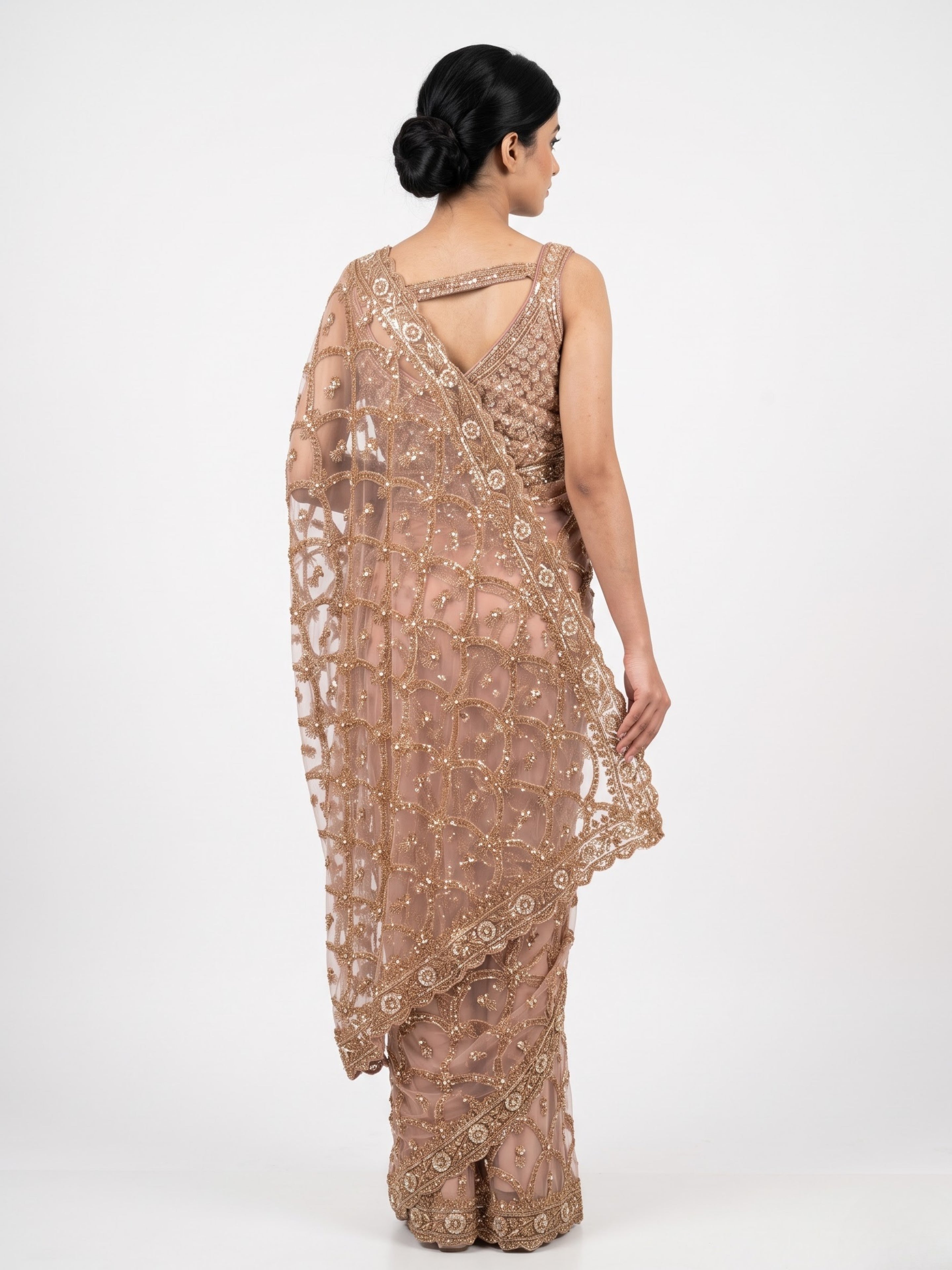 Net Saree Embellished With Cutdana, Sequins & Pearl Work