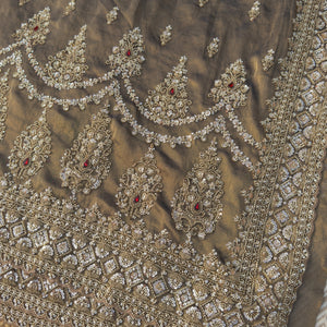 Dusty Brown Green Tissue Saree Embellished With Moti, Sequins & Cut Dana Work