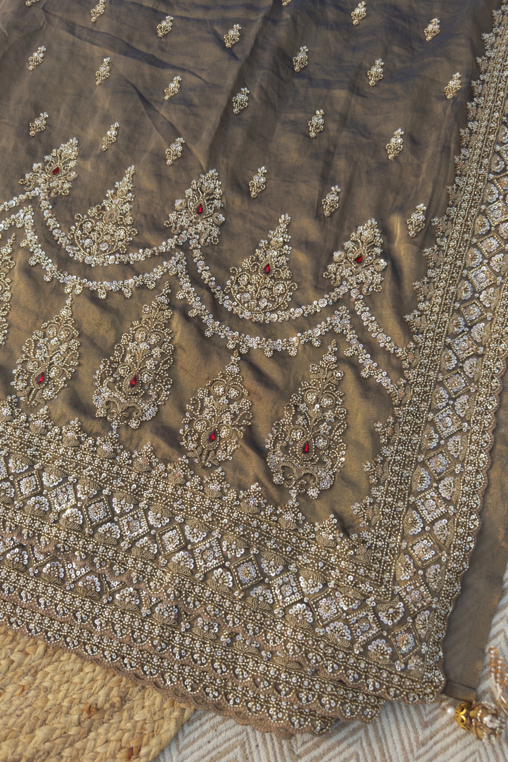 Dusty Brown Green Tissue Saree Embellished With Moti, Sequins & Cut Dana Work