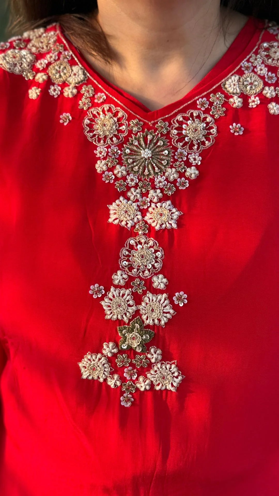 Red Crepe Embroidered Kaftan with Salwar