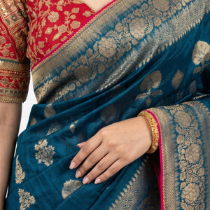 Blue Banarasi Silk Saree with Stitched Pink Blouse and Weaving Work