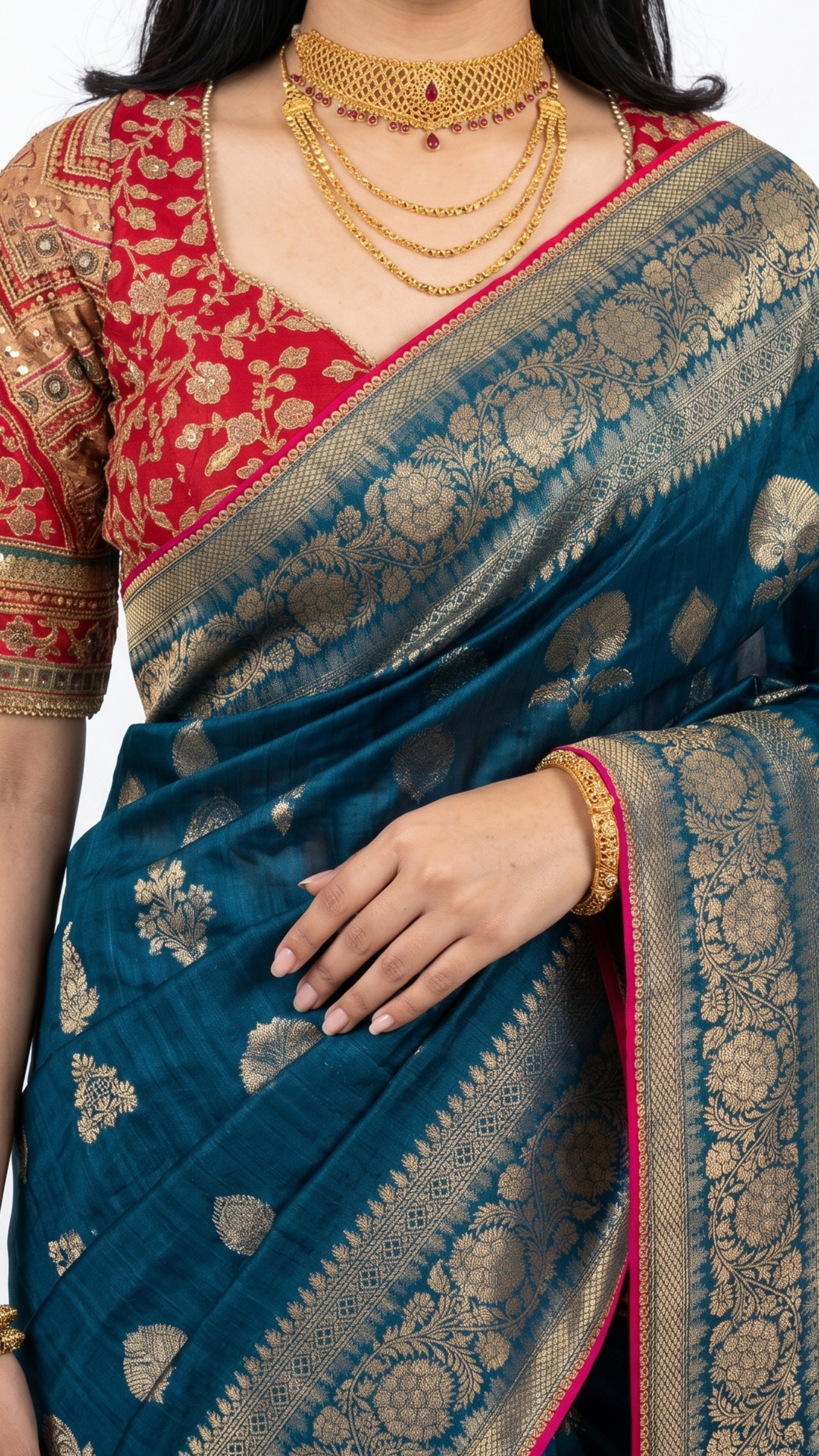 Blue Banarasi Silk Saree with Stitched Pink Blouse and Weaving Work