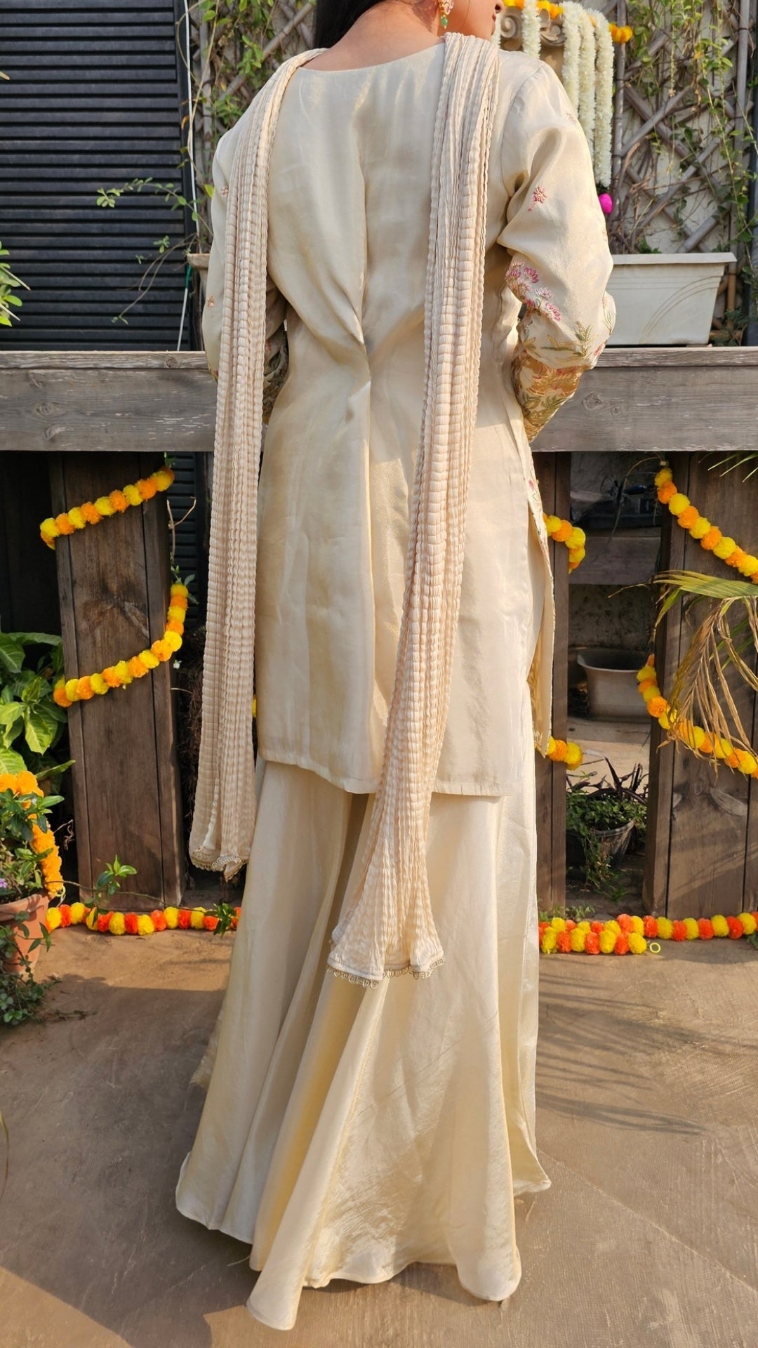 Cream Tissue Indo-Western with Dabka, Cutdana, Zari, Sequin & Resham Work