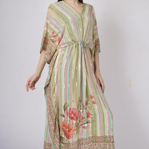 Multicolor Green Georgette Kaaftan with Mirror and Sequins Work