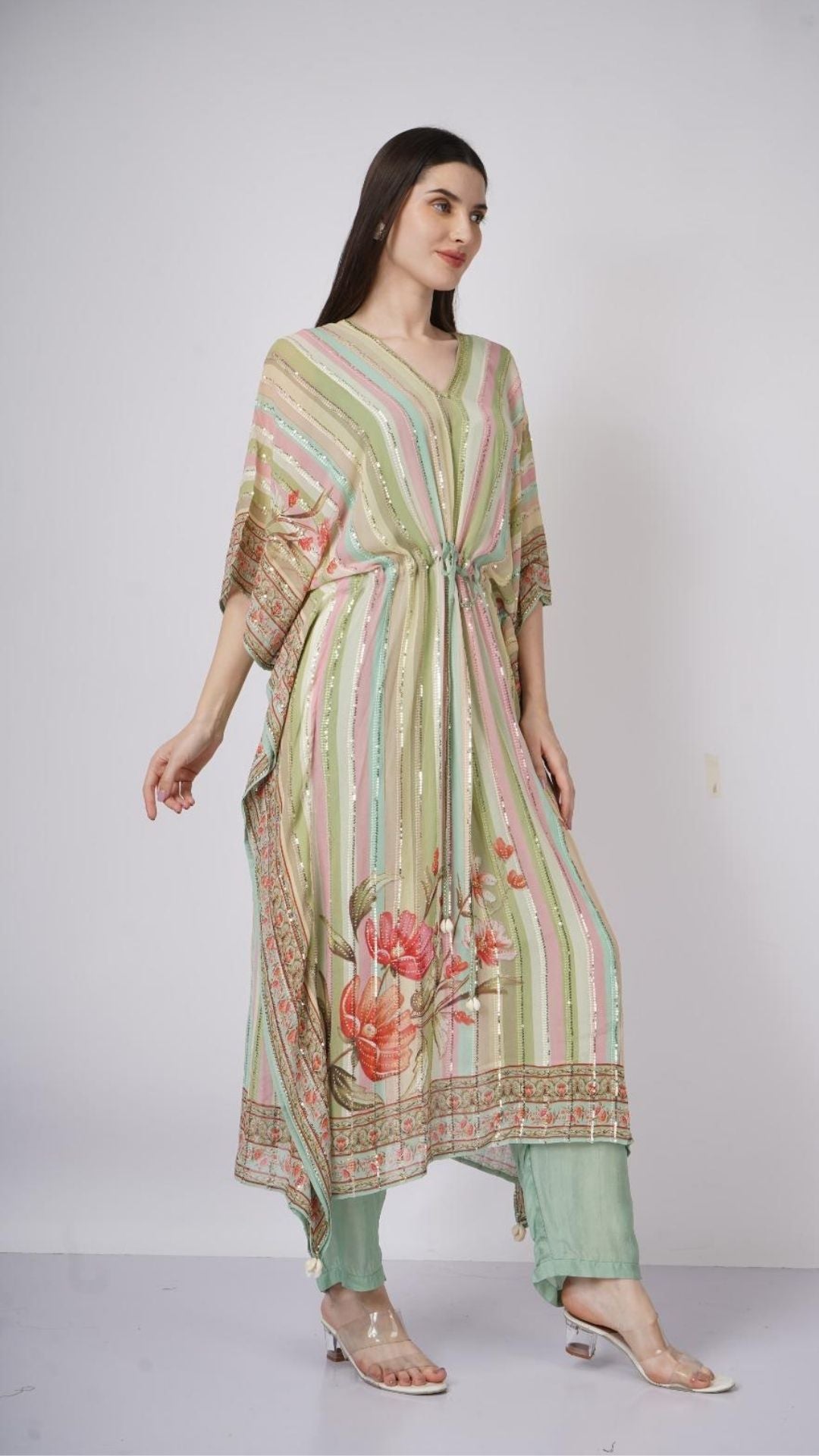 Multicolor Green Georgette Kaaftan with Mirror and Sequins Work