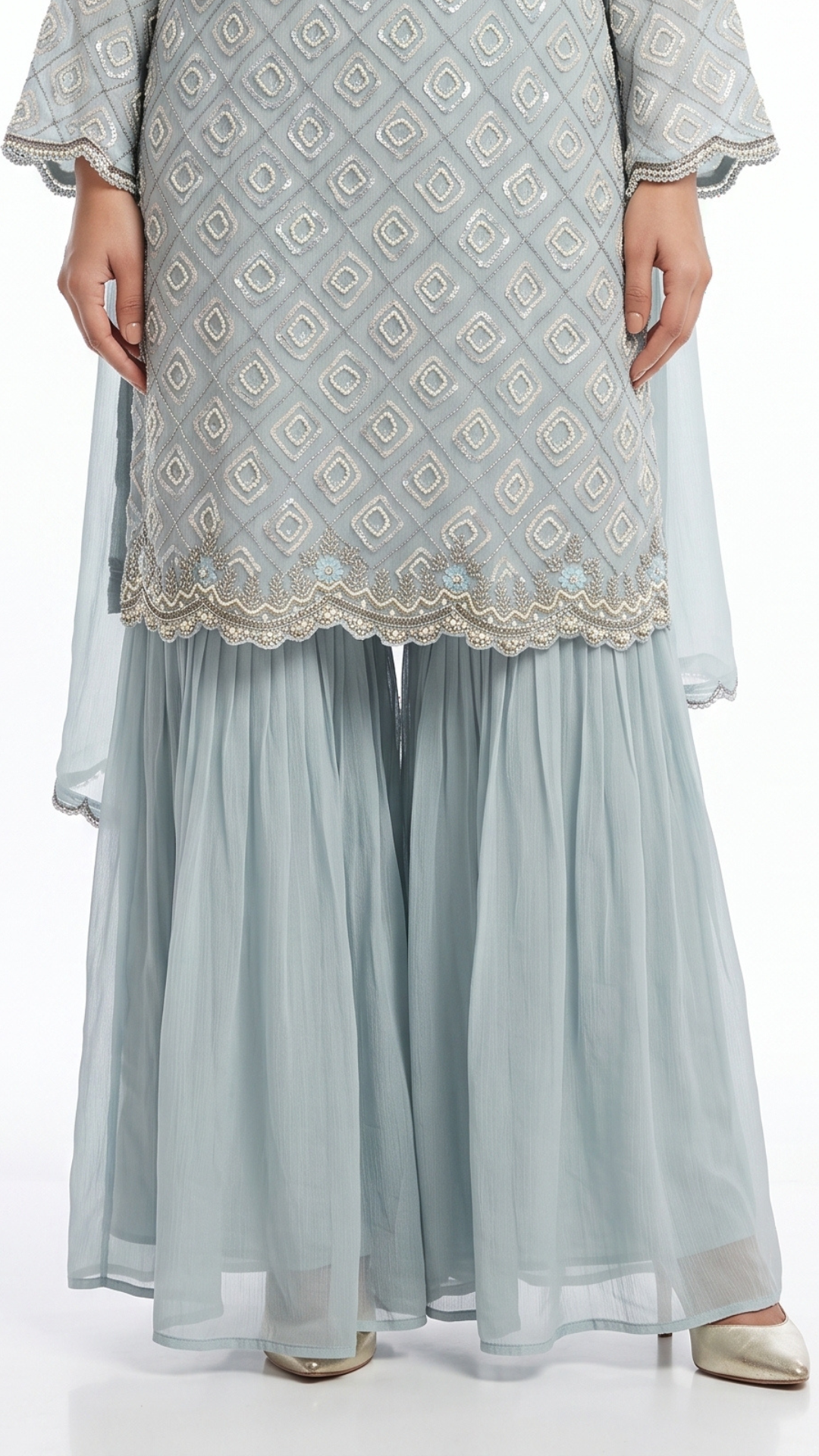Ice Blue Chinon fabric moti cutdana & thread work sequins