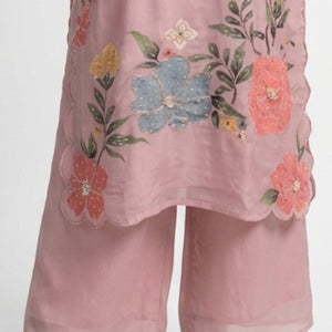 Printed Soft Organza Suit with Moti & Cutdana Detailing