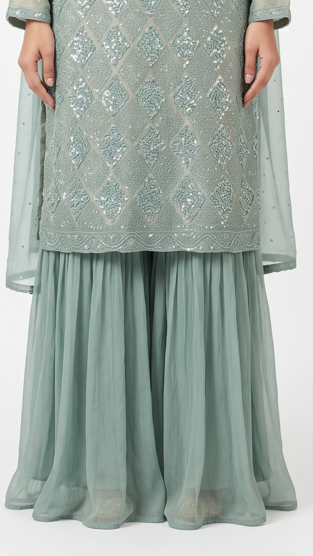 Seafoam green Tissue Fabric Hand work Sequins