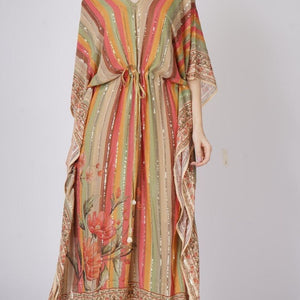 Multicolor Beige Georgette Kaaftan with Mirror and Sequins Work