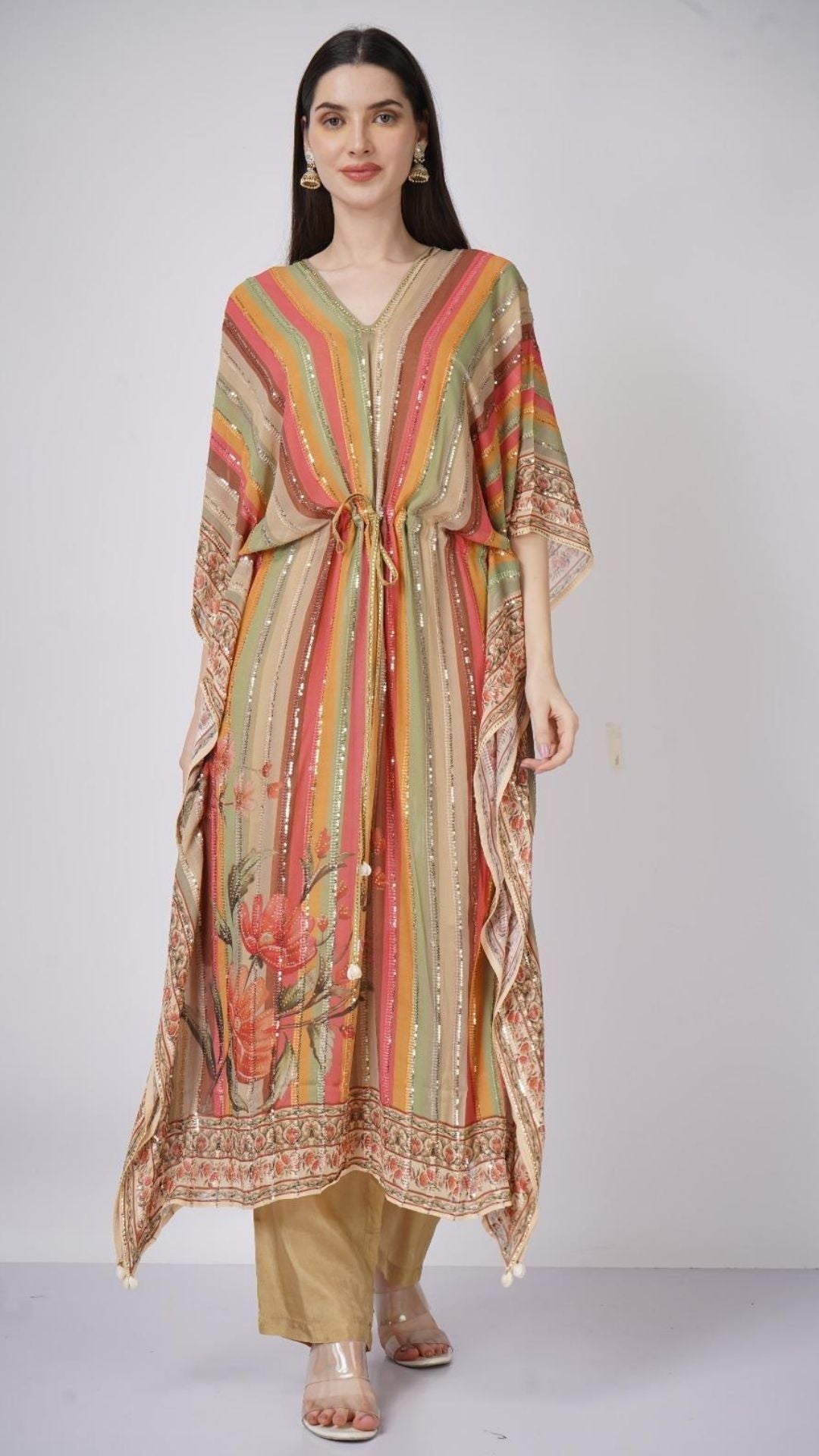 Multicolor Beige Georgette Kaaftan with Mirror and Sequins Work