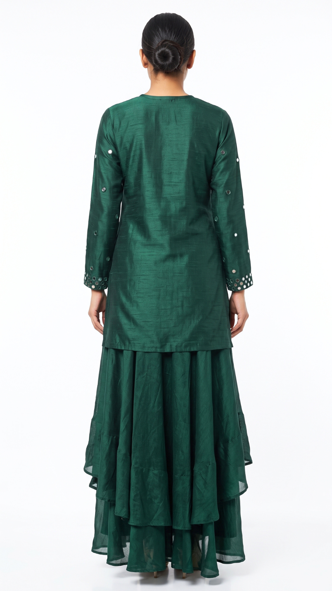 Green Raw Silk Mirror Thread Work Sequins