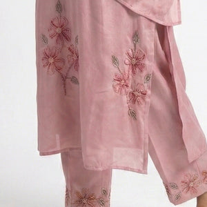 Pink Chinon Suit with Sequins, Hand Print, Cutdana & Stone Detailing