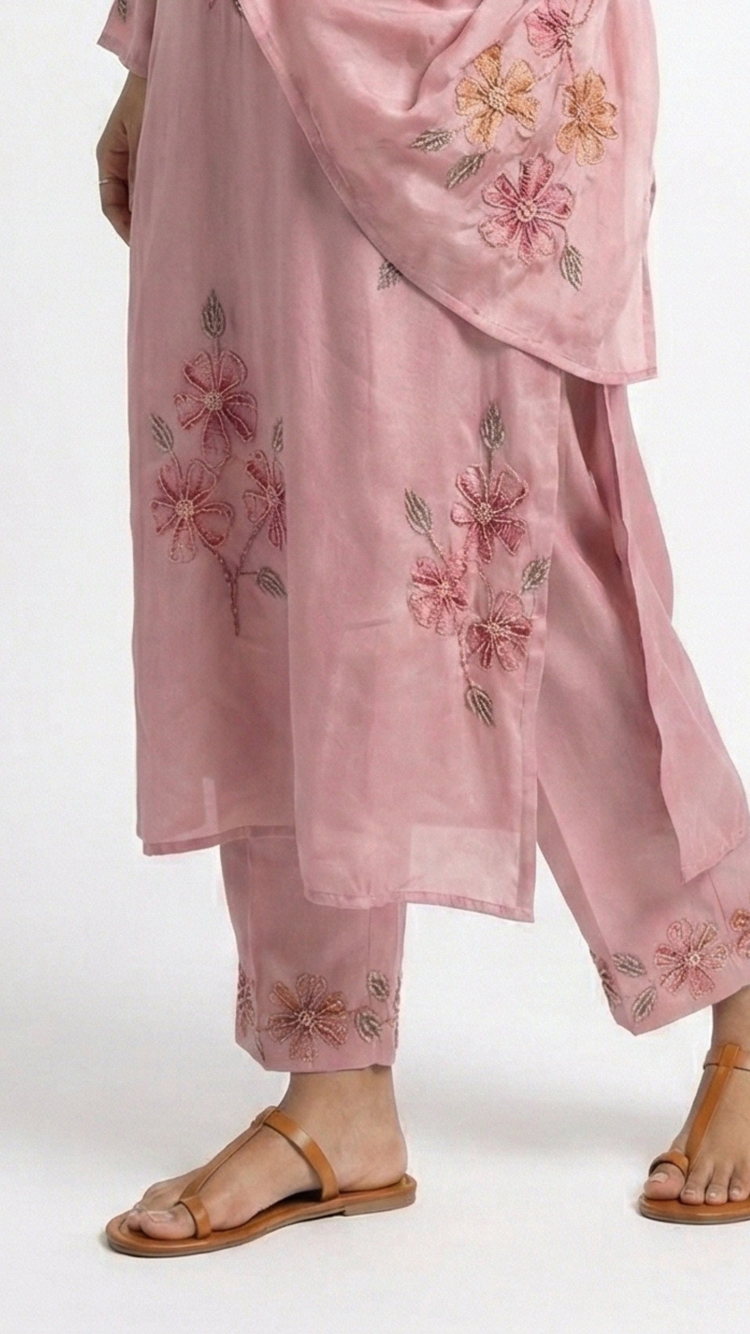 Pink Chinon Suit with Sequins, Hand Print, Cutdana & Stone Detailing