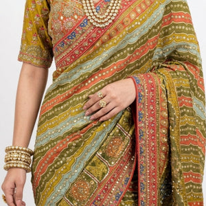 Moss Green Tissue Saree with Zari, Mirror & Stone Work