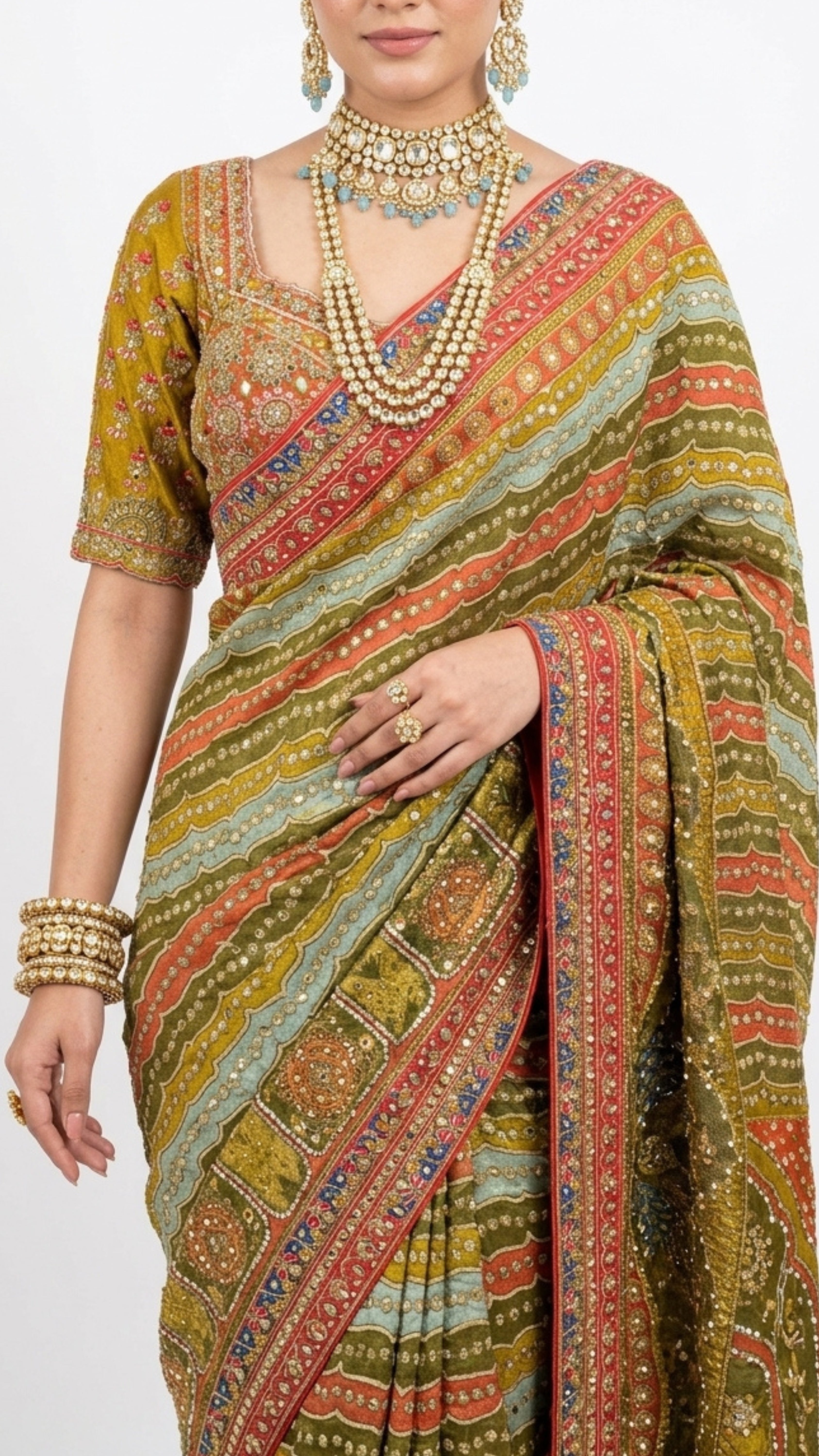 Moss Green Tissue Saree with Zari, Mirror & Stone Work