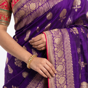 Purple Banarasi Silk Saree with Stitched Pink Blouse and Weaving Work