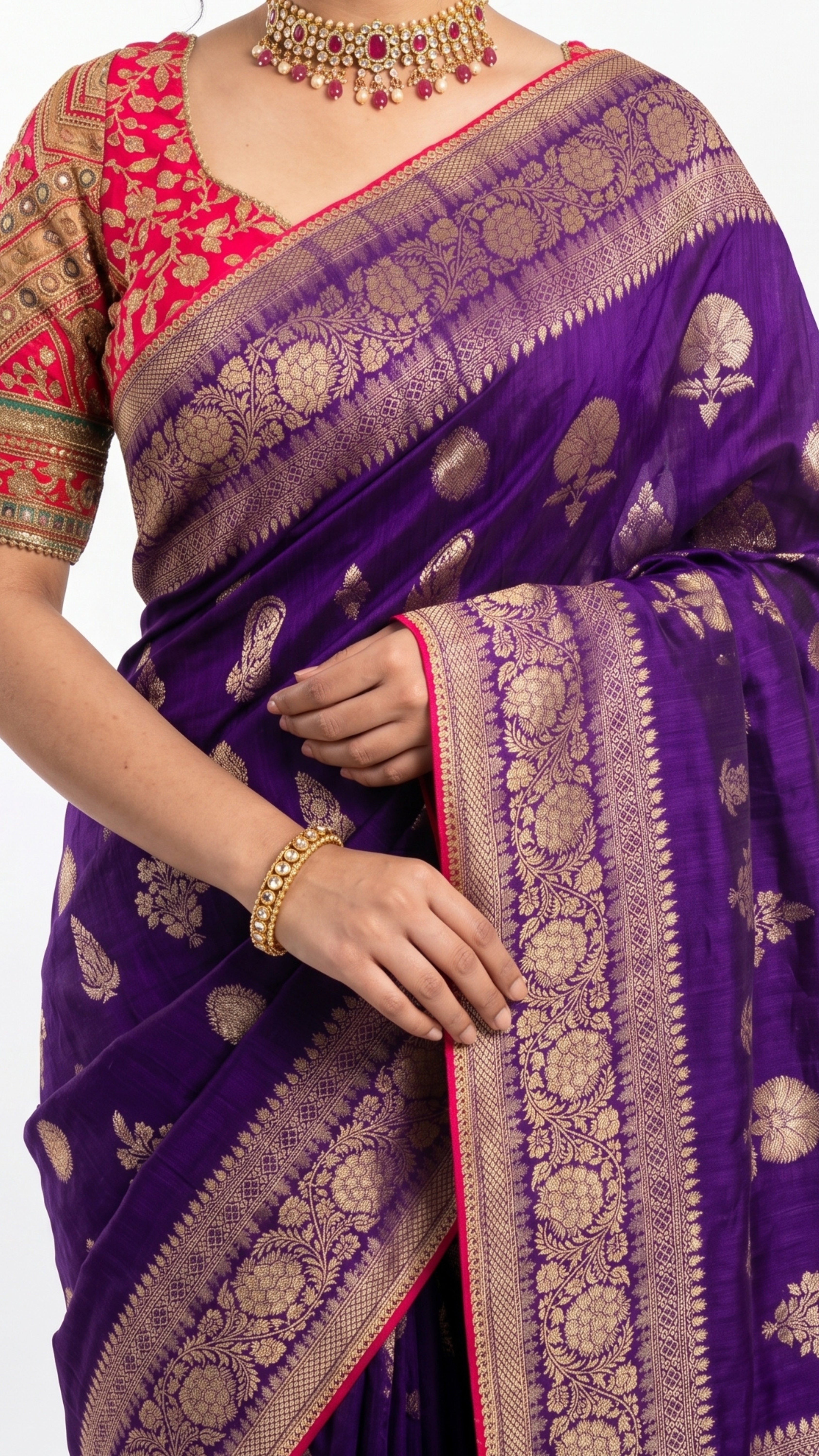 Purple Banarasi Silk Saree with Stitched Pink Blouse and Weaving Work