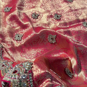 Rani Banarasi Silk Unstitched Saree with Dupatta Embellished with Thread & Stone Work