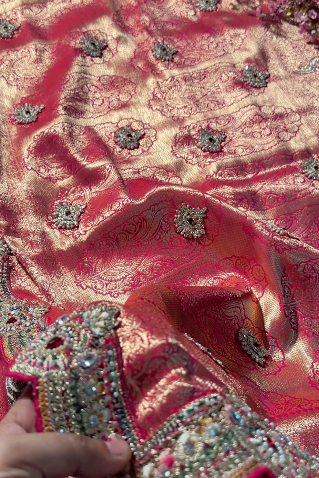 Rani Banarasi Silk Unstitched Saree with Dupatta Embellished with Thread & Stone Work