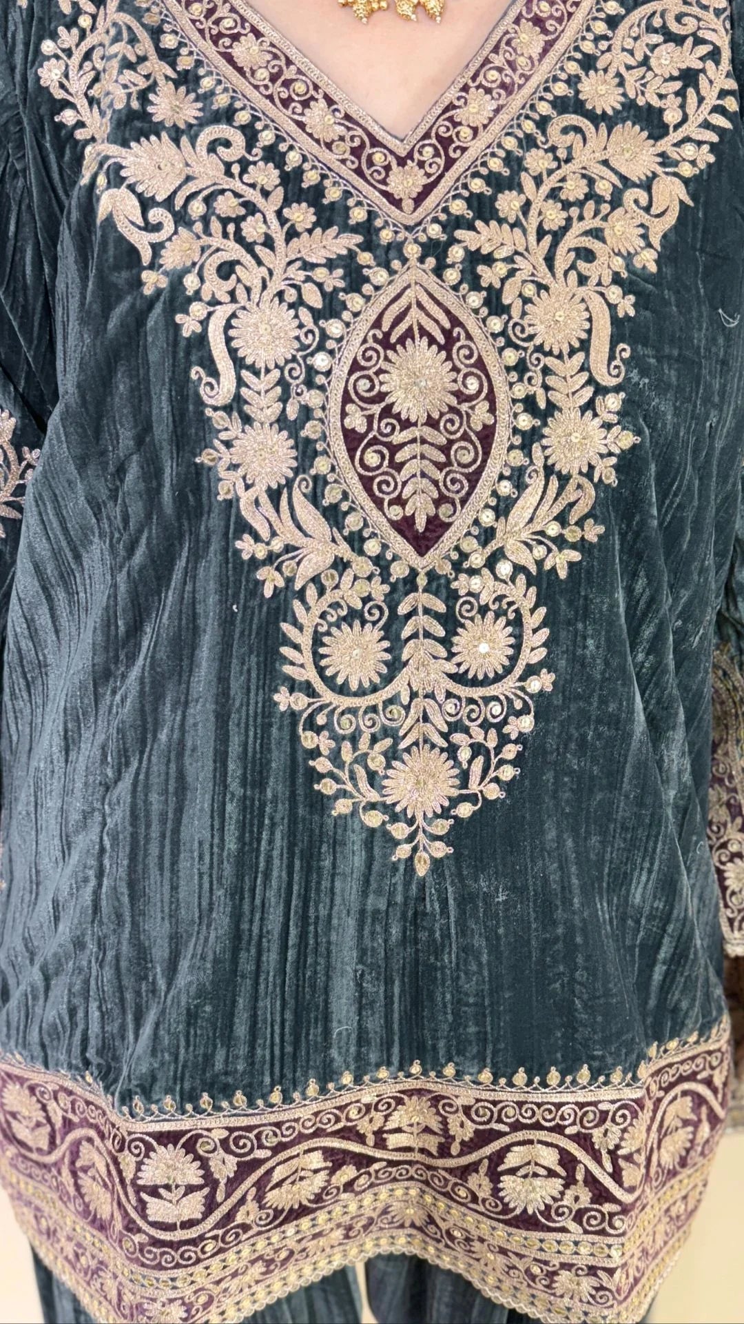 Charcoal Wrinkled Velvet Embroidered Top with Salwar