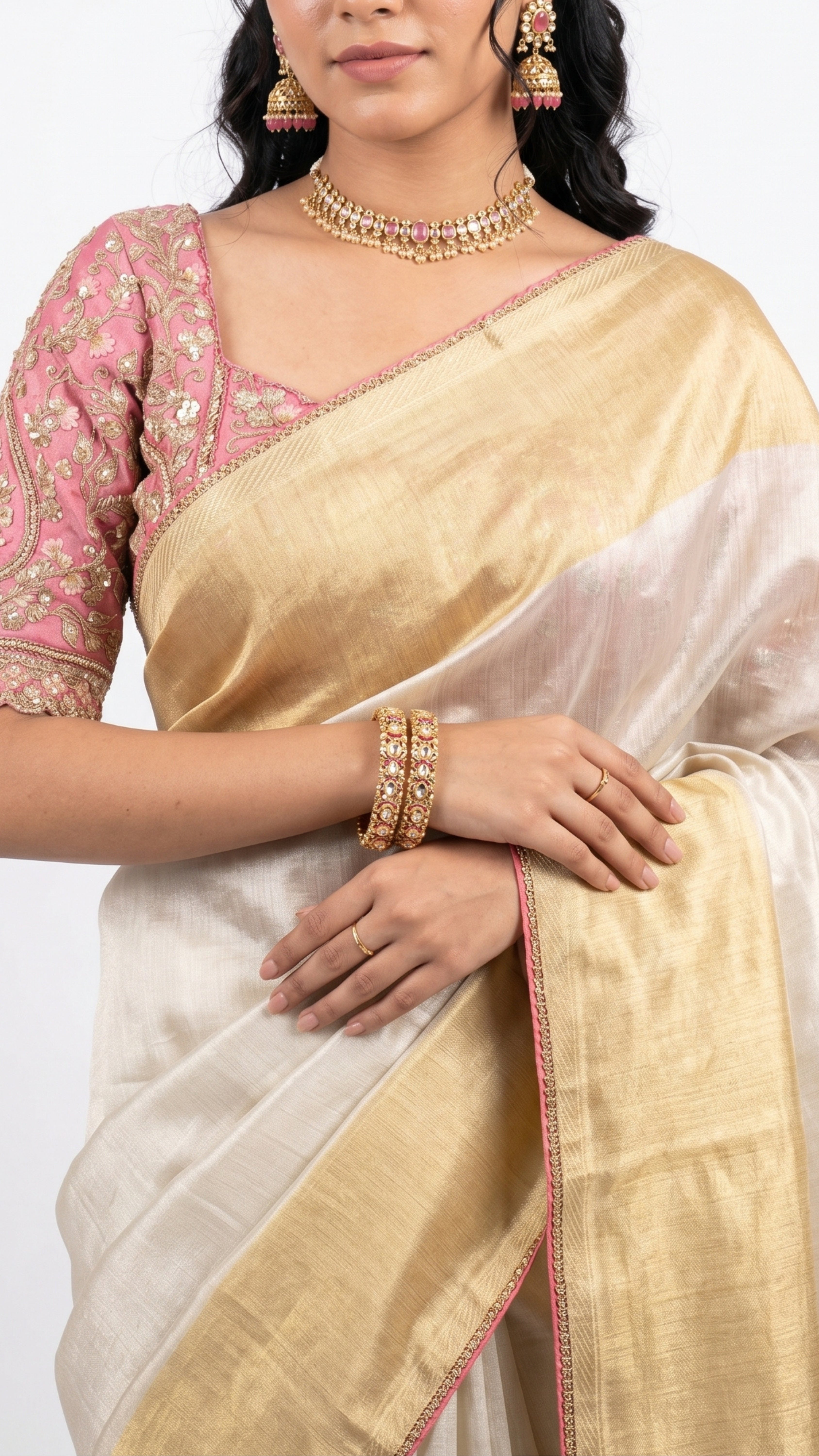 Ivory Silk Saree with Stitched Blouse and Zari, Cutdana & Sequins Work