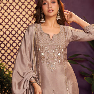 Ash Beige Chinon Suit, Sharara And Dupatta with Zari, Cutdana, Sequins and Mirror Work