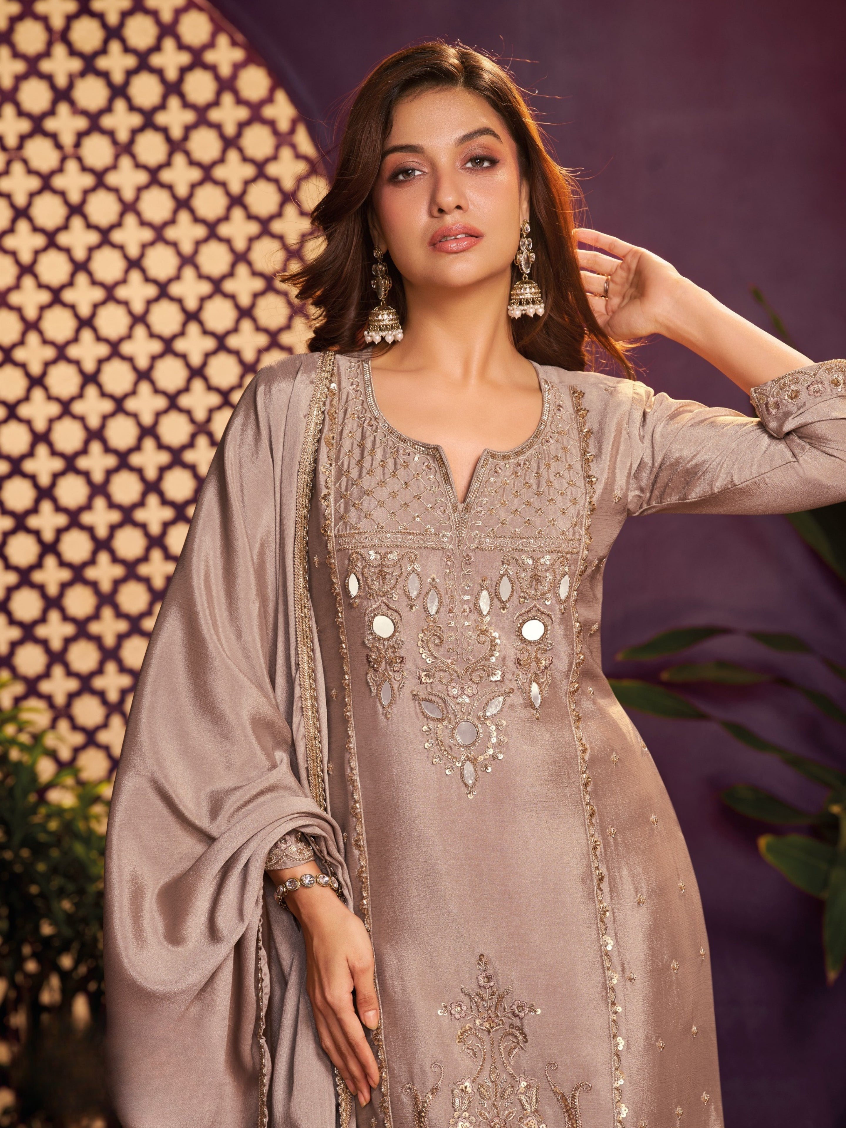 Ash Beige Chinon Suit, Sharara And Dupatta with Zari, Cutdana, Sequins and Mirror Work