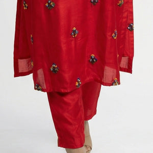 Red Dola Silk Suit Set with Zari, Pearl & Thread Detailing