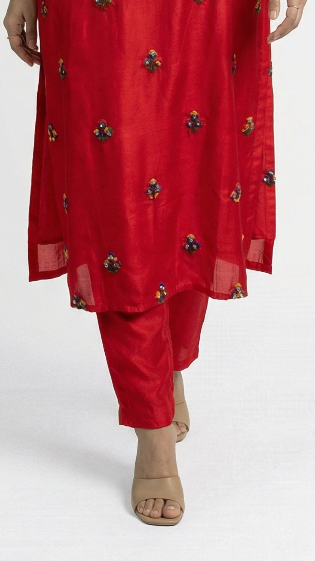 Red Dola Silk Suit Set with Zari, Pearl & Thread Detailing