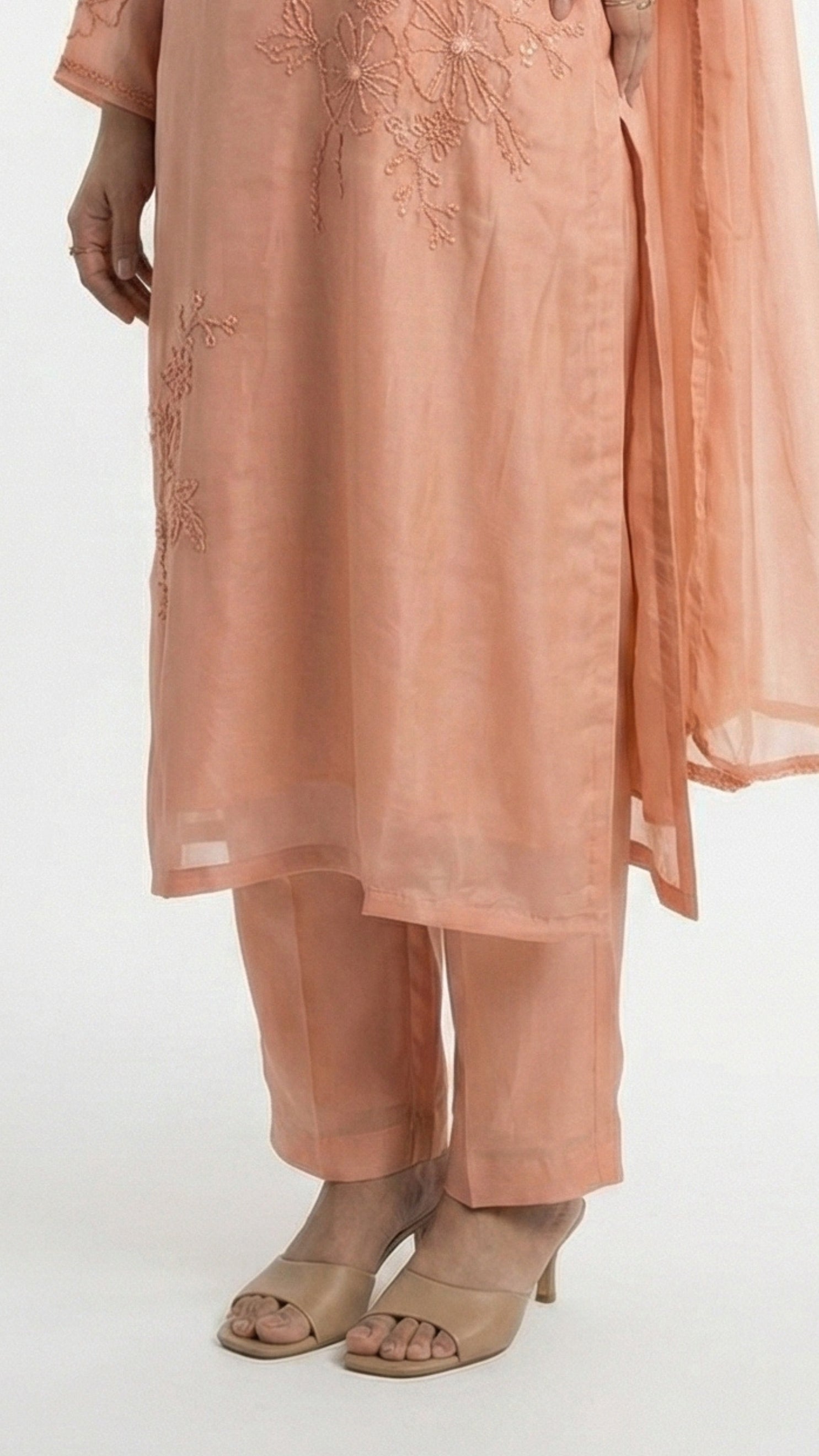 Dusty Peach Soft Organza Suit with Cutdana, Pearl & Moti Detailing