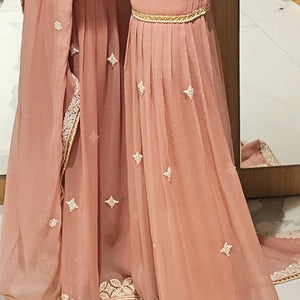 Peach Georgette Indowestern Top and Bottom with Pearl and Thread Work with Dupatta