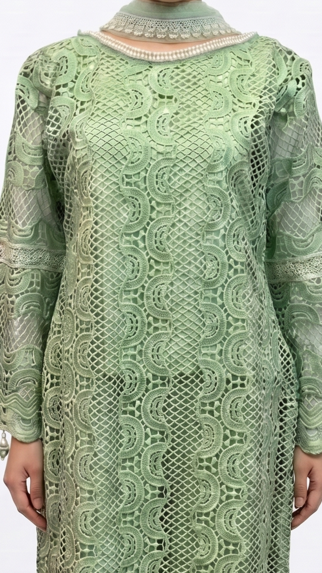 Green Muslin Cutwork lace and  Pearl Sequins